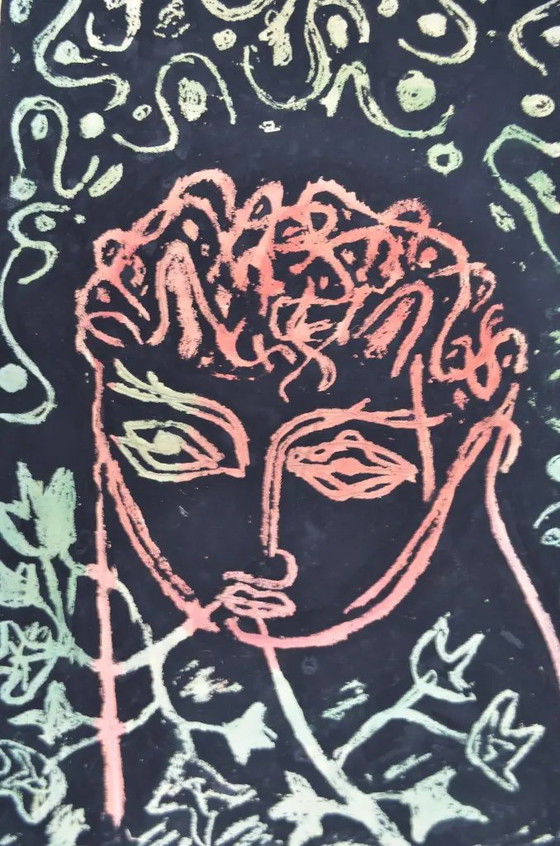 1950 Guillain Siroux “Visage Rose” Ritratto Modernista Francese Tecnica Mista – Dipinti e disegni, Paper (photo 4 of 11)