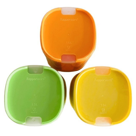 Image 1 of Vintage set Tupperware Colombo Skyline voorraadpotten 1.5 liter geel groen oranje 1990's