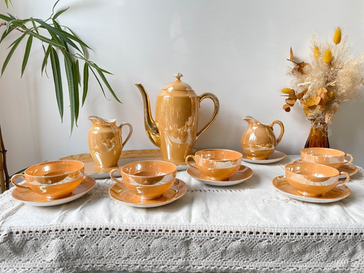 Service à Thé Vintage en Lustre Czecho-Slovaquia Victoria China Pêche Irisé 1950