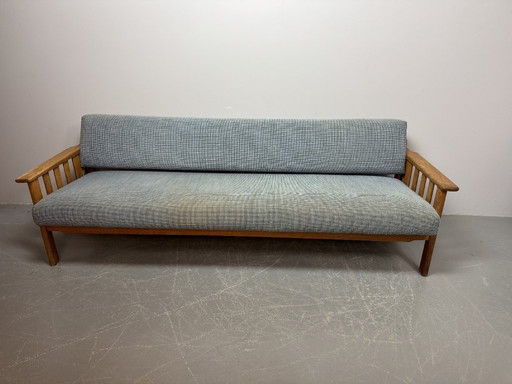 Mid-Century 3-Seat Oak Sleeper Sofa with Soft Blue Upholstery Attributed to Pastoe, The Netherlands 1970s.