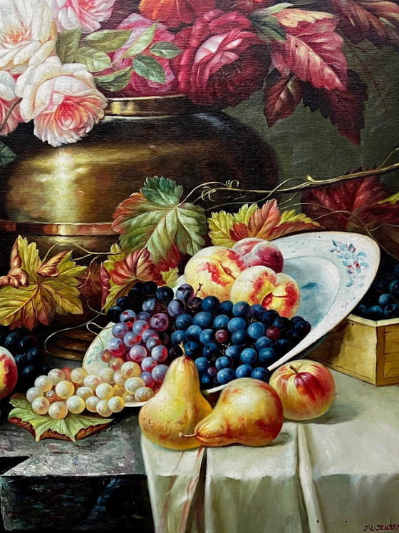 Still life signed with flowers and fruits. Oil on canvas., Paintings & Drawings (photo 6 of 11)