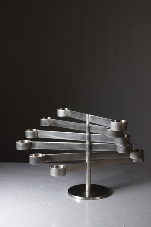 Lámpara de araña modular vintage tipo candelabro en aluminio cepillado, estilo Georges Bourgeois.