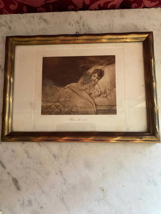 Antique Photogravure "Evening Prayer" after Émile Munier, Braun & Co., Gilded Wooden Frame – lithos zeefdrukken, Glass