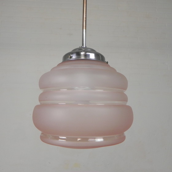 Image 1 of Lampada a sospensione Art Déco con paralume in vetro rosa, anni '30