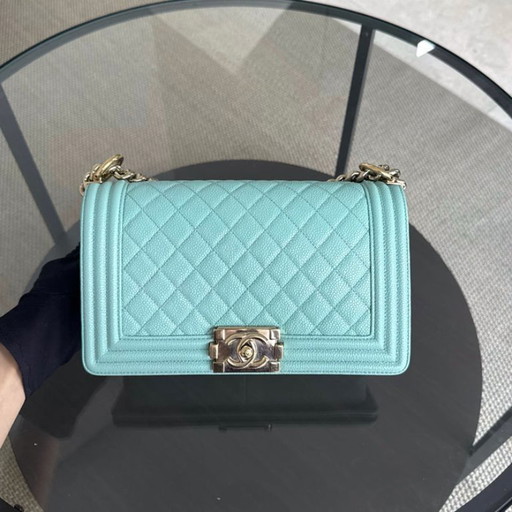 Chanel Boy Medium - 25CM Quilted Tiffany Blue Gold Hardware Series 29