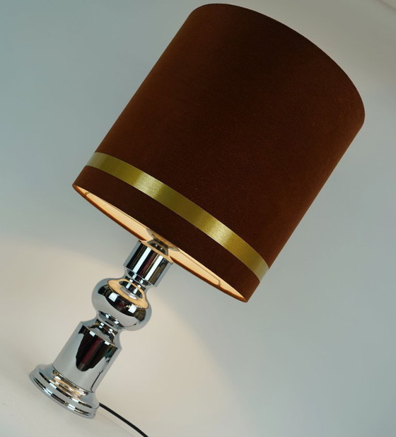Large 1970s Table Lamp Aro-Leuchten Chrome Base Brown Velvet Lampshade (photo 7 of 11)