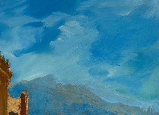 Image 1 of Origineel olieverfschilderij: Stadslandschap aan de kust met stadsboten aan zee.