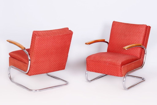 Pair of Bauhaus Armchairs, by M. Breuer, for Mücke-Melder, Chrome, Czech, 1930s – fauteuils, Textile, Wood