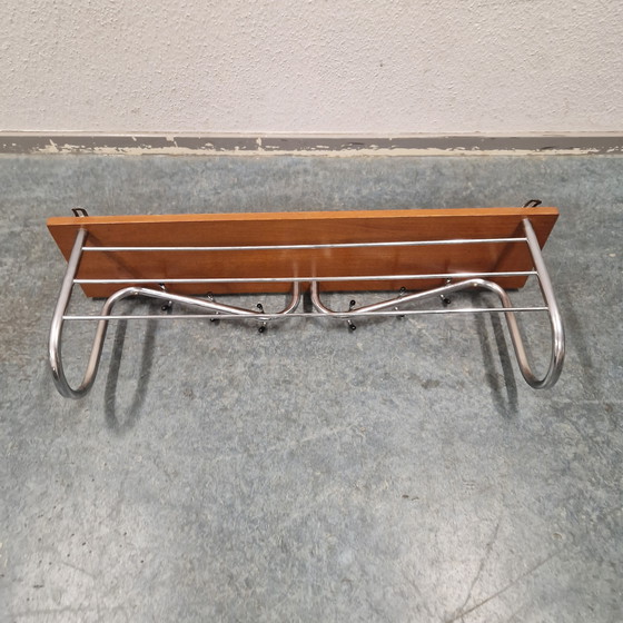 Image 1 of Teak coat rack 1960s vintage wall coat rack chrome coat rack