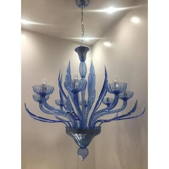 Image 1 of Lampadario in vetro di Murano Bluino con foglie italiane di Simoeng