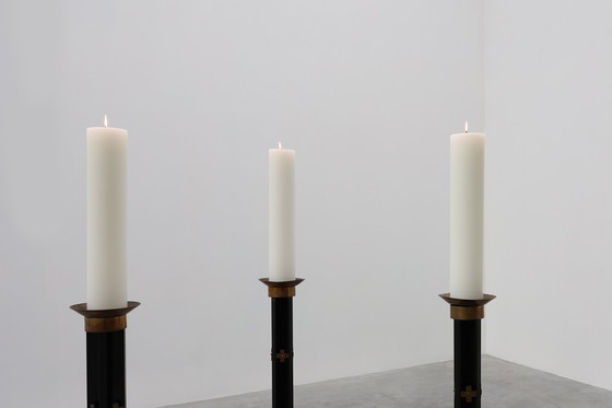 Image 1 of Rare set of 4 very large church candle sticks in black metal and copper, 1960s