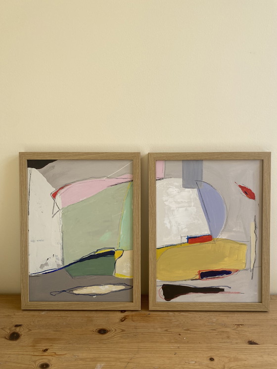 Image 1 of Diptych Abstract Paintings 30 x 40 Including Frame