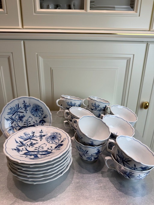 Service à café et à thé Meissen original, motif oignon – 22 pièces – premier choix – servies, Porcelain
