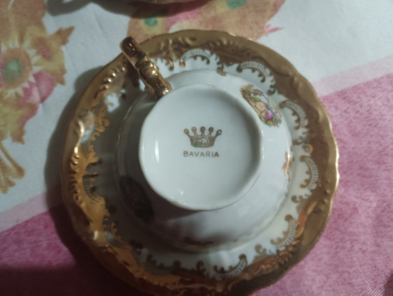 Image 1 of Vintage Bavaria Tea Service - 24K Gold Porcelain and Galanti Scenes, 15-Piece Set.