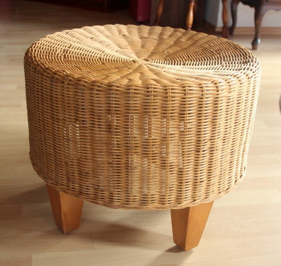 Image 1 of Round side table - rattan, bamboo, wood - vintage