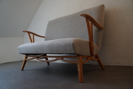 Vintage/Mid - Century set, newly upholstered: sofa, 2 armchairs and table