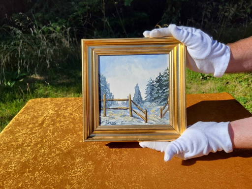 Rustikales Winterzaun & Kiefern Ölgemälde