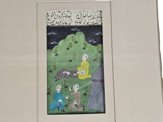 Image 1 of Watercolor - Manuscript - Antiek - Indo - Perzisch - Handgeschept Papier - Miniaturen (3) - Handgeschreven Teksten - 19e Eeuw