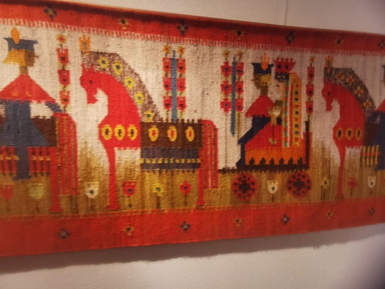 M. Domańska Kilim "Wesele" rouge et jaune, Tapis, Laine, Vintage (photo 3 sur 13)