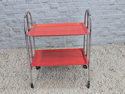 Vintage Foldable and Mobile Chrome Steel ‘Dinett’ Serving Trolley with 2 Red Layers by Gerlinol, Germany, 1970s.