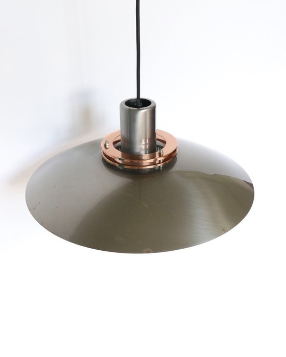 Image 1 of Lampe bol danoise vintage, suspension en métal canon de fusil, style rétro