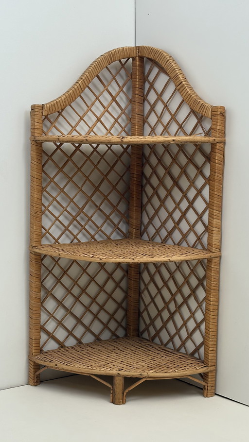 Vintage rotan hoek kastje keuken kruidenrek / planten kastje