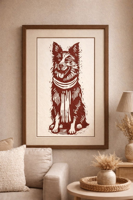 Terracotta Border Collie Linocut Print A4