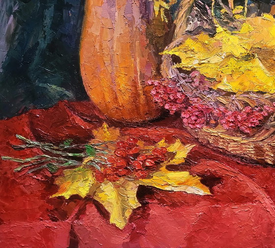 Original Oil Painting Autumn Harvest Still Life with Pumpkin – Paintings & Drawings, Canvas (photo 6 of 7)