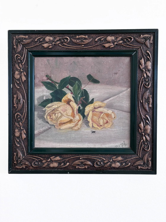 Image 1 of Peinture à l'huile originale ancienne représentant une nature morte de roses jaunes.