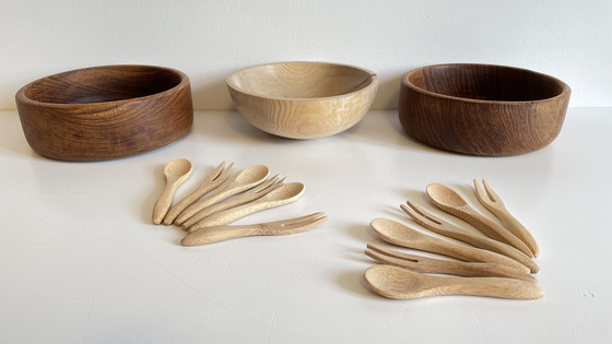 Image 1 of Set di 3 ciotole + 12 mini posate in legno e teak