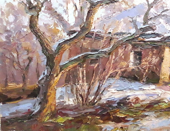 Original Oil Painting Rural Landscape Village Yard Old House Old Apple Tree – Paintings & Drawings, Canvas (photo 5 of 8)