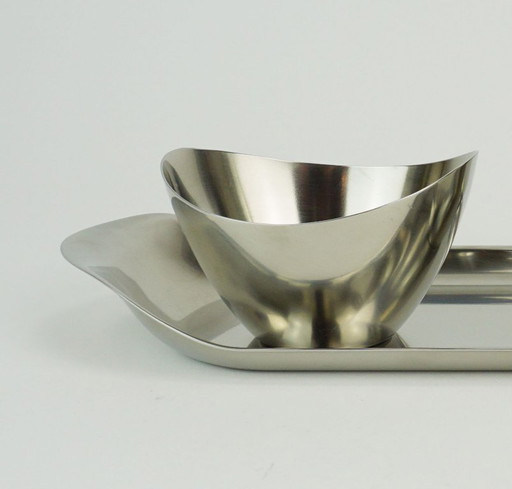 danish modern 3-piece SET sugar bowl creamer and tray stainless steel made in denmark