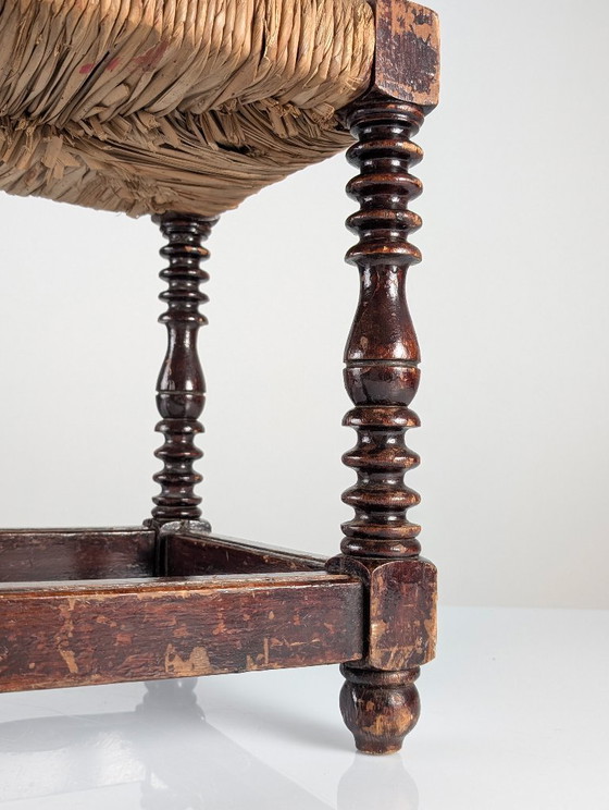 Image 1 of Spanish Provincial Bobbin-Turned Rush Bench, 1940s