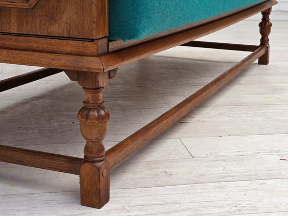 Image 1 of 1950s, Danish 2 seater drop arm sofa, original striped red furniture wool, oak wood.