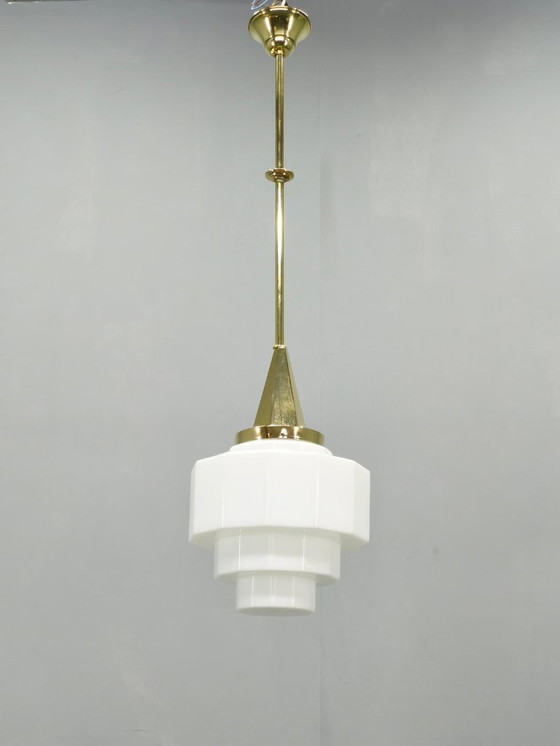 Image 1 of Art Deco Brass Pendant with Geometric Opaline Glass, Czechoslovakia 1930s