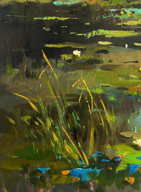 Image 1 of Original Oil Painting Summer River Landscape Quiet fishing