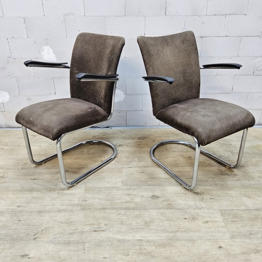 2x Vintage Toon De Wit (De Wit Brothers) Chairs with Armrests, Beige Corduroy (1940s) Dutch Design – fauteuils, Chrome
