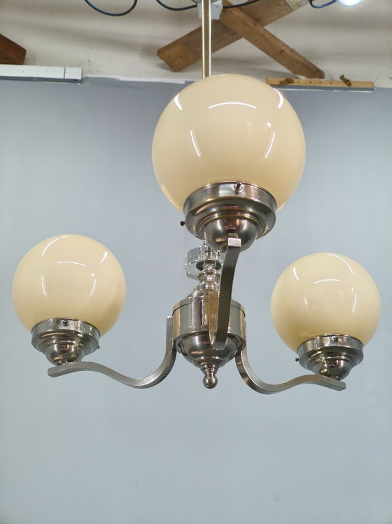 Image 1 of Lampadario Art Déco in nichel e vetro degli anni '30, Cecoslovacchia