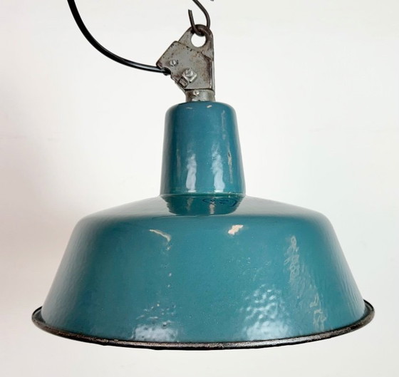 Image 1 of Industrial Petrol Enamel Factory Lamp with Cast Iron Top, 1960s