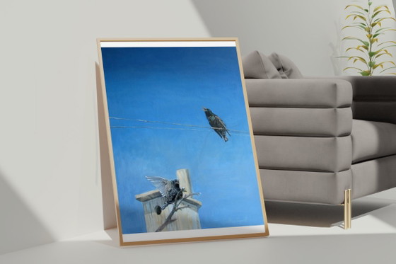 Peinture à l'huile originale, art moderne, symbolisme, oiseaux, ciel, étourneau – Peintures et dessins, Canvas (photo 3 of 7)