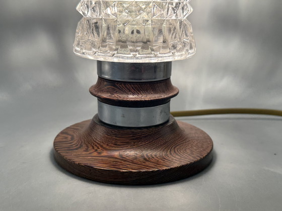 Image 1 of Mid-Century Table Lamp with Cut Glass Shade and Wooden Base – Vintage Design Lighting