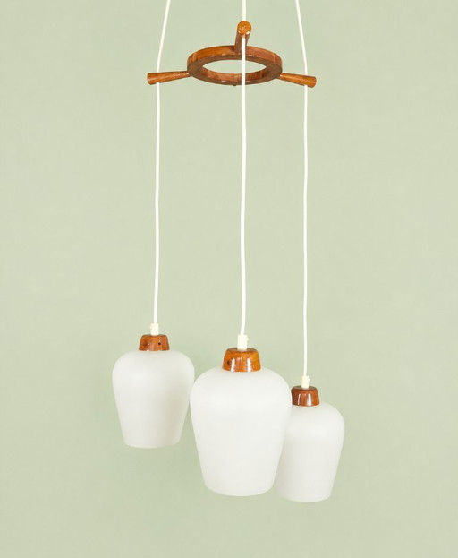 Lampada a sospensione vintage - Teak e vetro opalino - Anni '70