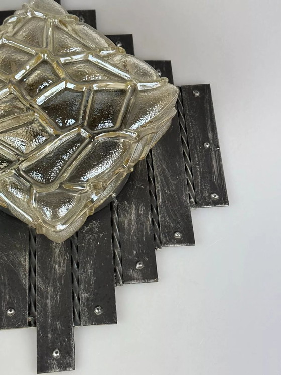 Image 1 of 60s 70s Brutalist Applique murale fer & verre Wall Lamp 60s 70s