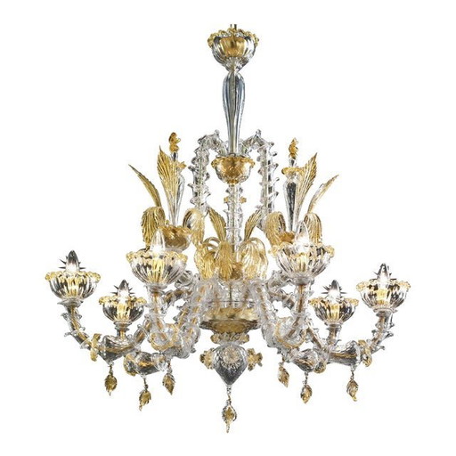 Eigentijdse kroonluchter van Murano-glas Ca' Rezzonico Transparant en Goud Met Bloemen En Bladeren