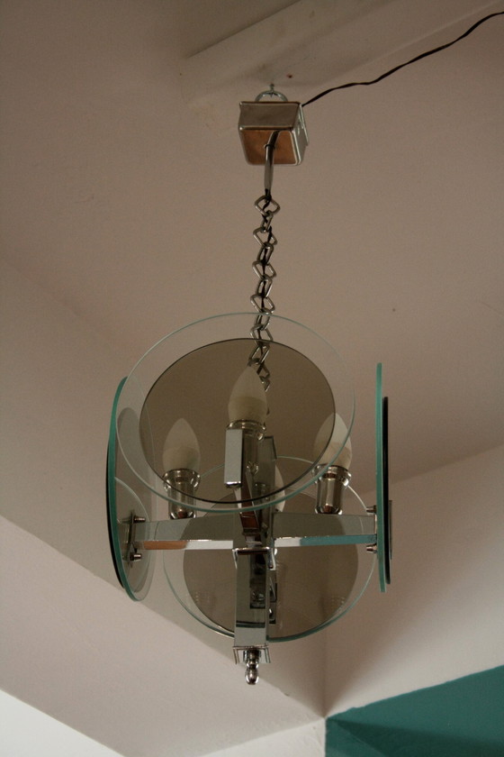 Image 1 of Lustre Vintage Art Déco en métal chromé et verre, Italie, années 1970