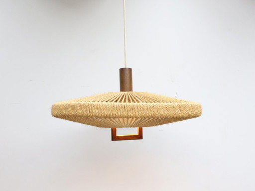 Vintage pendant lamp / sisal teak wood / UFO shape / Temde Leuchten