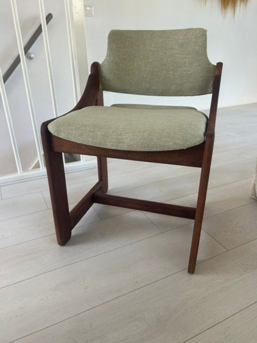 3 dining room chairs by Kelly Wearstler reupholstered in olive green fabric.