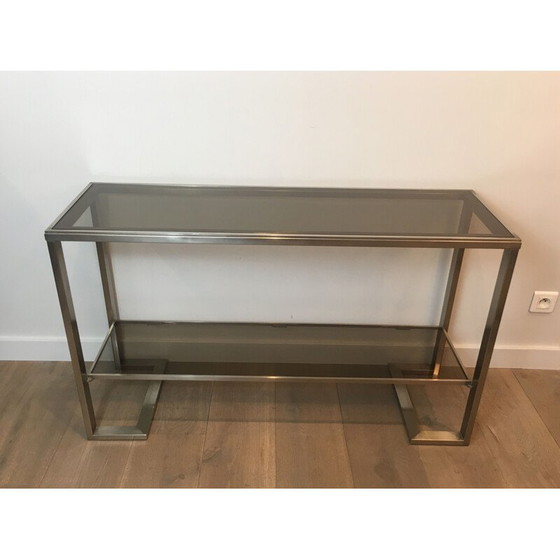 Image 1 of Vintage Console in Brushed Steel and Smoked Glass Trays 1970