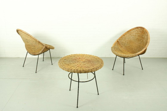 Image 1 of 1950s Italian Rattan Basket Chairs & Matching Bistro Table Set