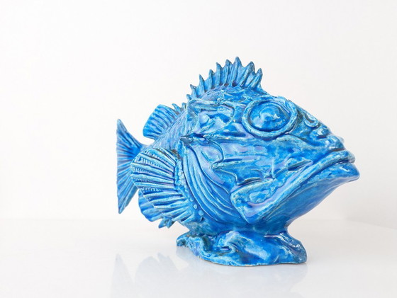 Image 1 of Art déco italien Guido Cacciapuoti Sculpture de poisson Scorfano émaillée bleue années 1930